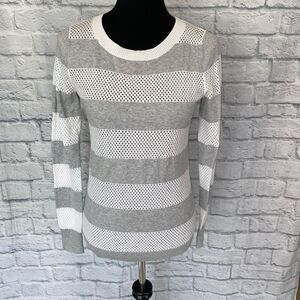 Express open knit Crewneck Longsleeve lightweight stripe sweater white grey sz S